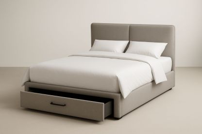 Lit double en tissu avec tiroir de rangement