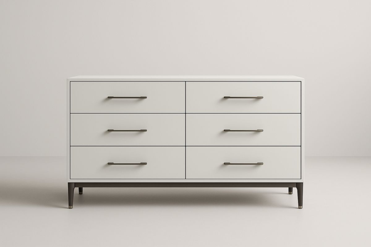 Meuble à six tiroirs avec structure en MDF blanc et pieds en métal