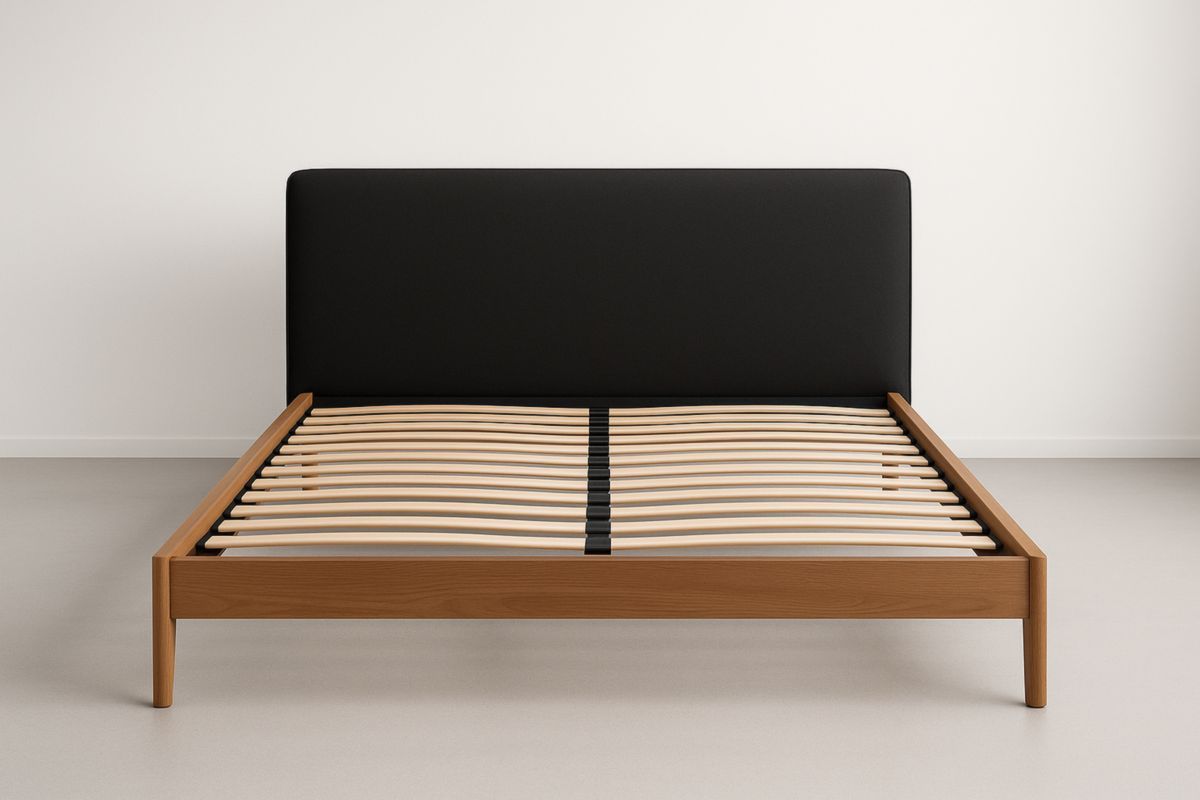 Cadre de Lit Double en Bois et Tissu Noir