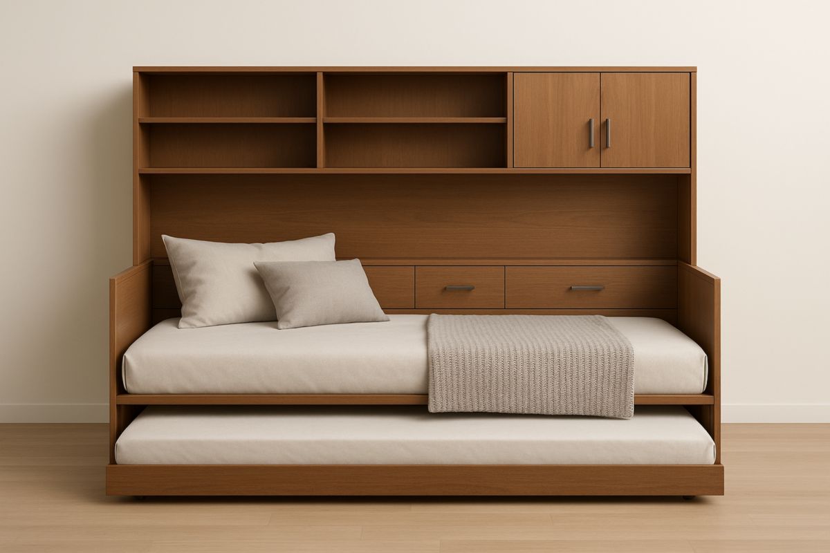 Lit gigogne en bois MDF avec étagères et tiroirs