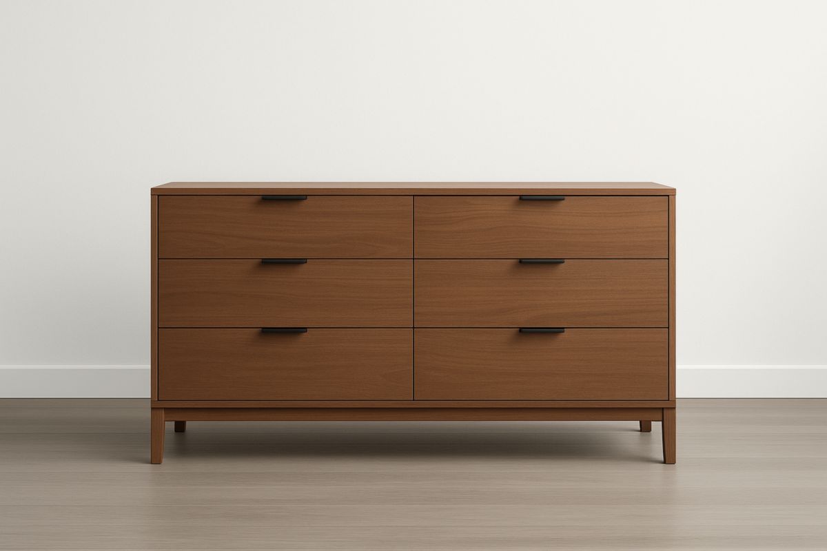 Commode 6 tiroirs bois marron clair acier noir