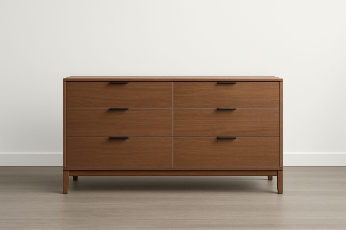 Commode 6 tiroirs bois marron clair acier noir