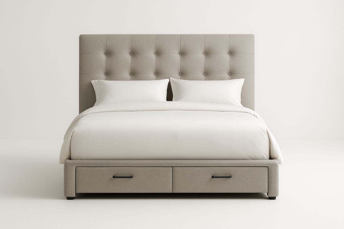 Lit double avec tiroirs en tissu polyester Gris clair 210x160 cm