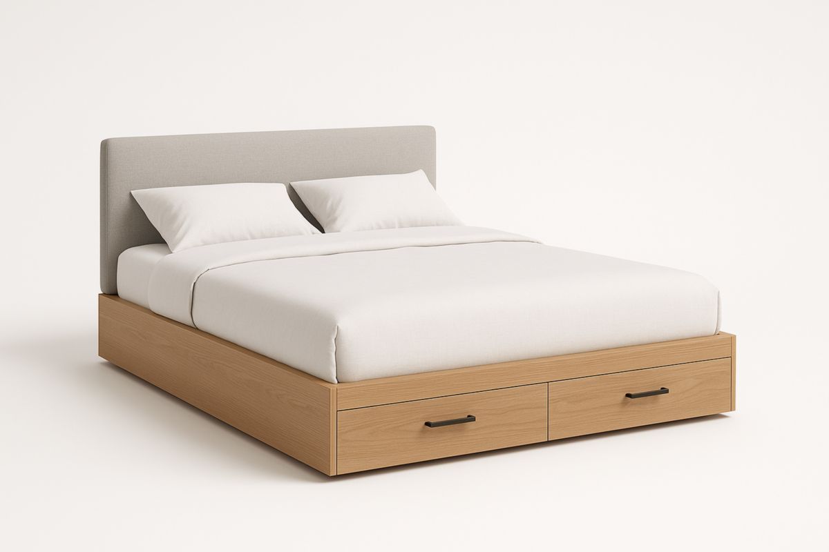 Lit double bois avec tête de lit en tissu et tiroirs