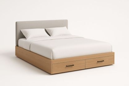 Lit double bois avec tête de lit en tissu et tiroirs