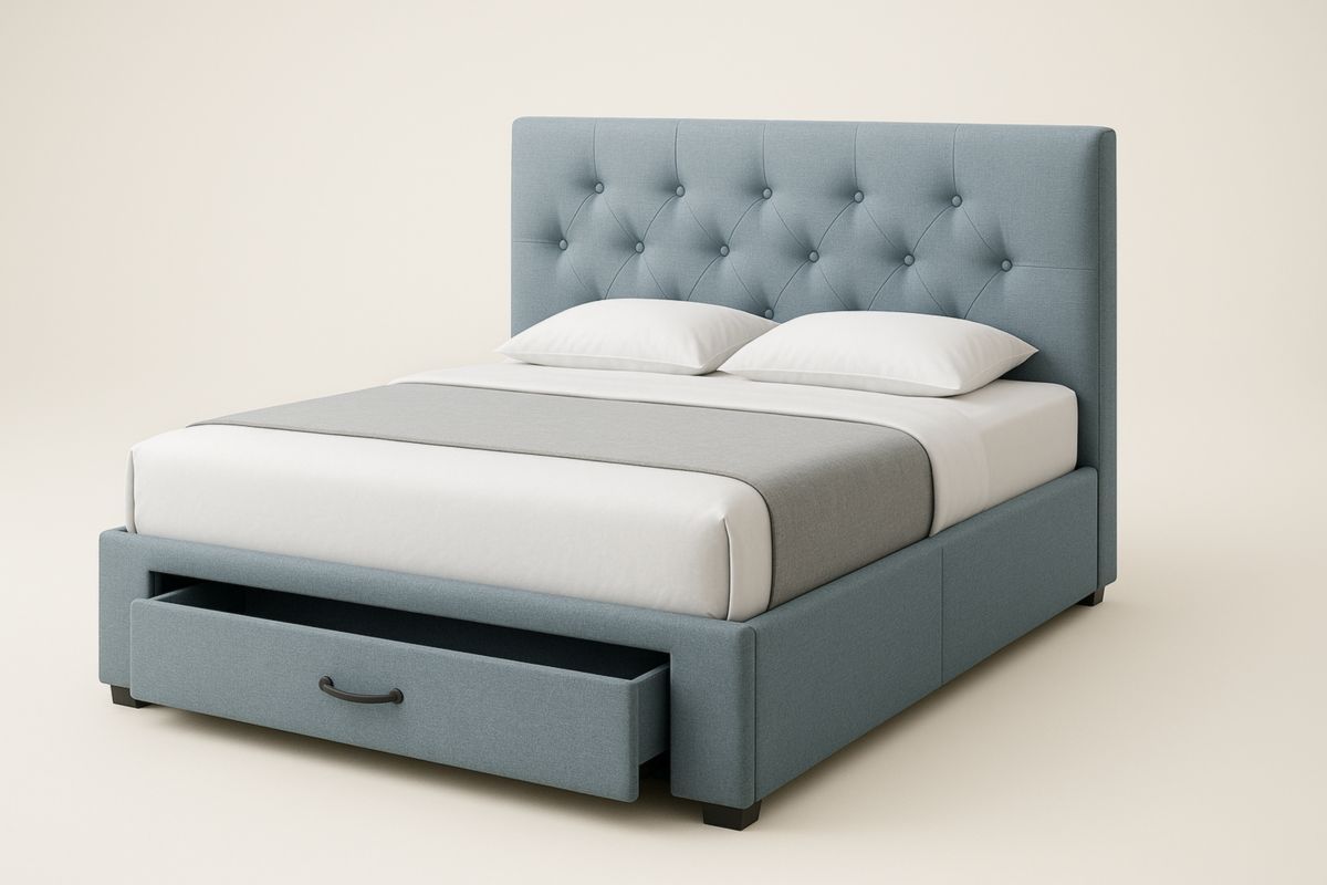 Lit double en tissu bleu avec tête de lit capitonnée et tiroir de rangement 140x200 cm