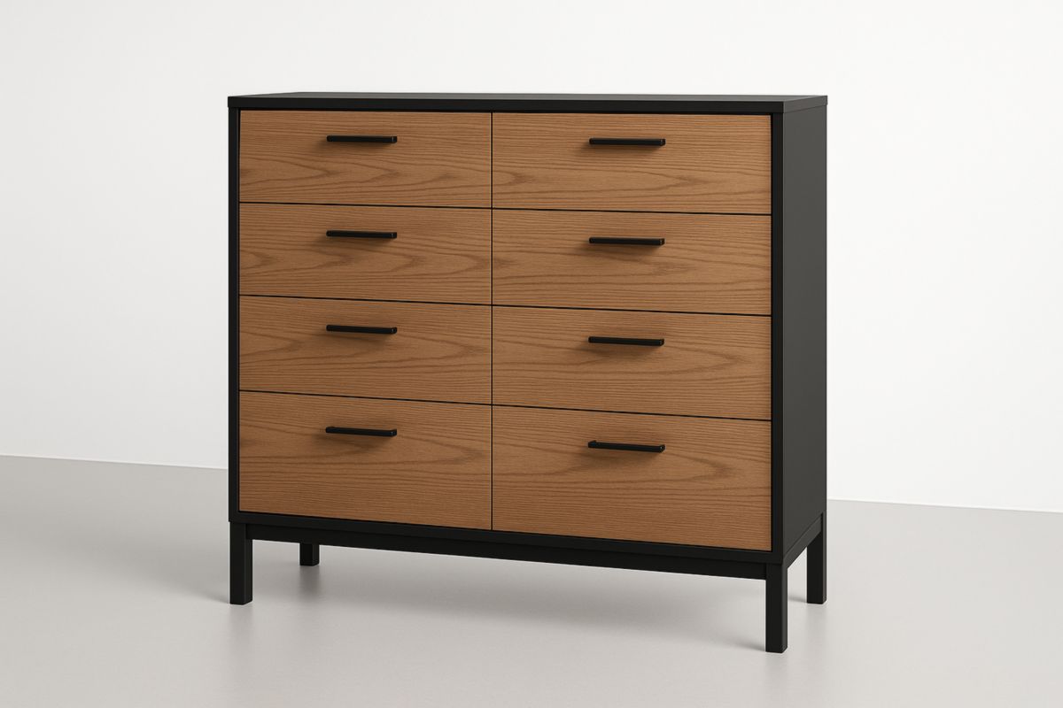 Commode 8 tiroirs en bois MDF chêne et métal noir
