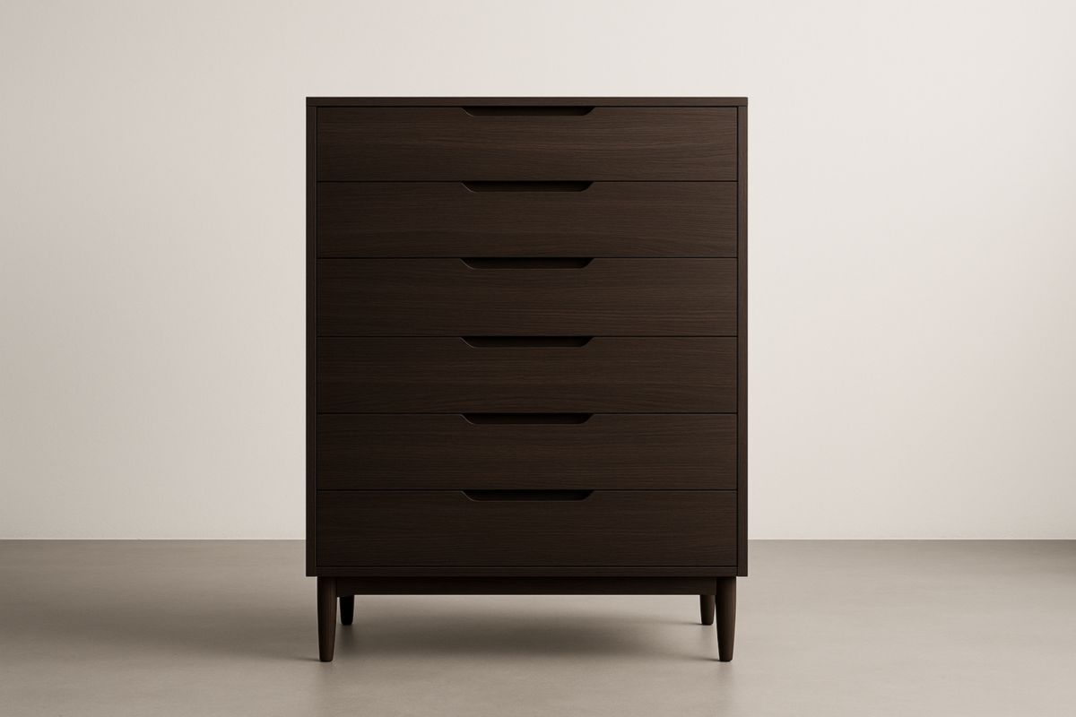 Commode en bois foncé avec 6 tiroirs