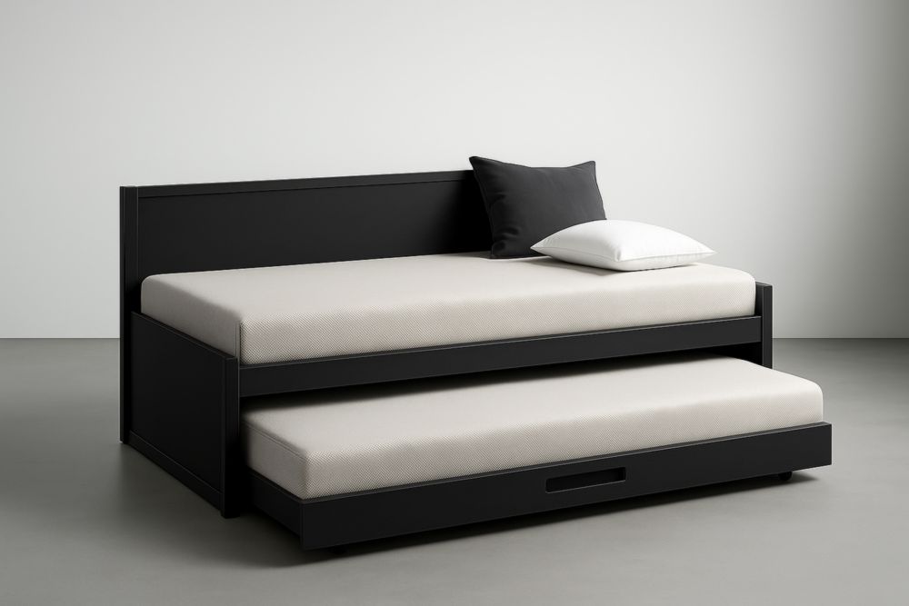 Letto estraibile in legno massello nero e bianco con materassi