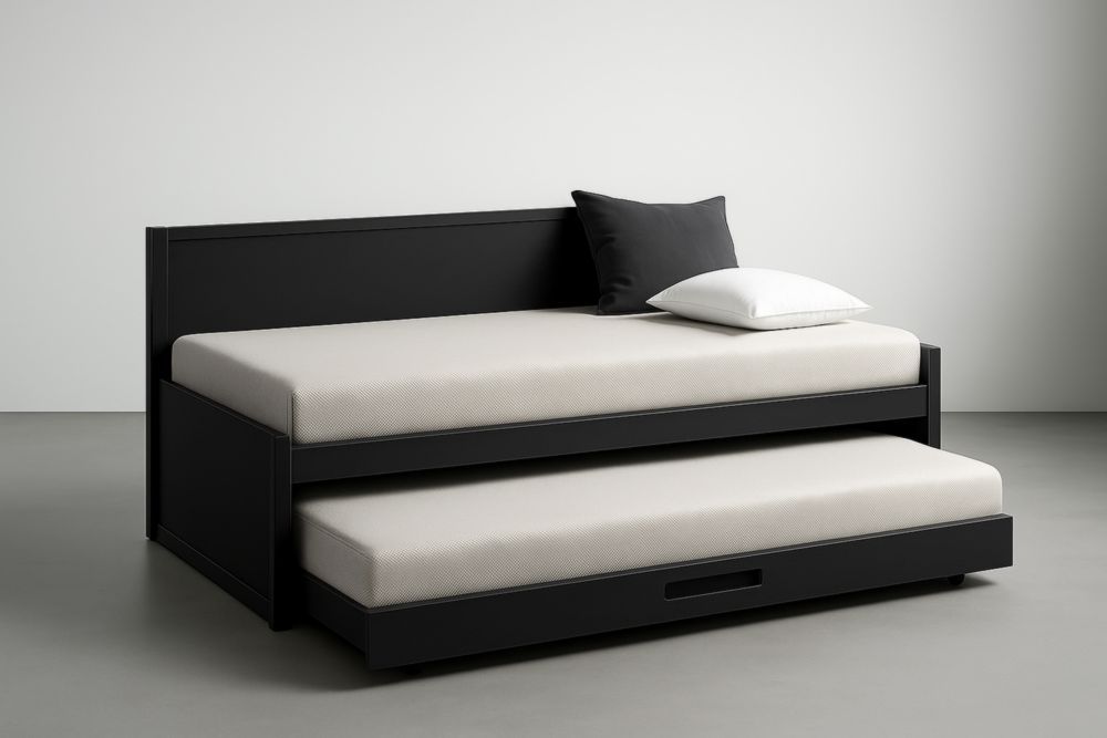 Letto estraibile in legno massello nero e bianco con materassi