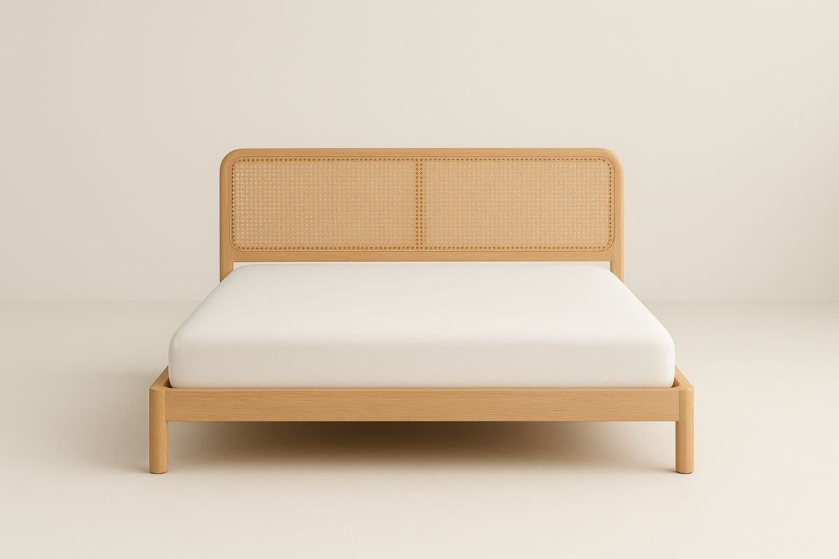 Letto matrimoniale in legno massiccio con testiera in rattan 200x160x90 cm, senza materasso