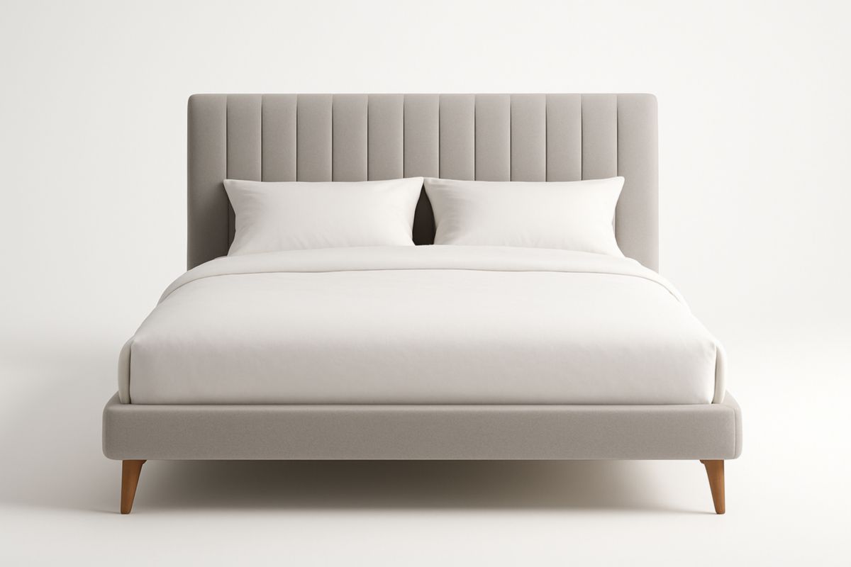 Letto matrimoniale imbottito in tessuto grigio con testiera trapuntata 200x160x110 cm