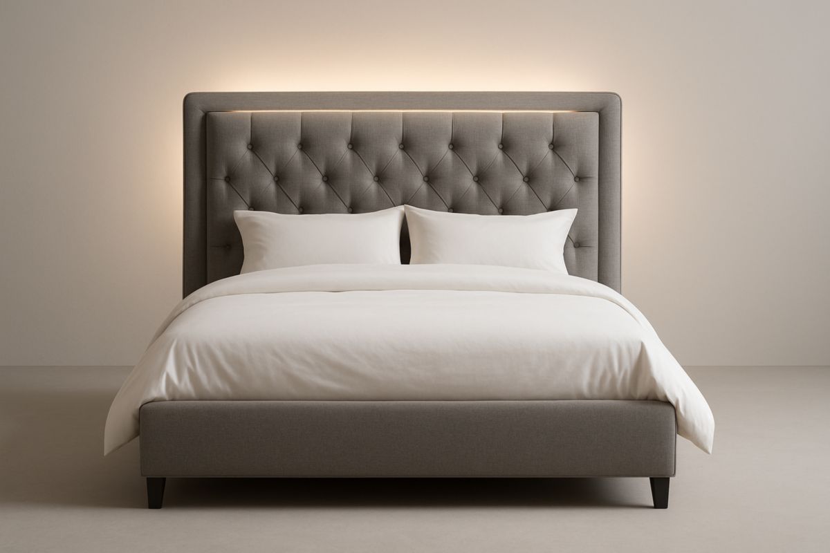 Letto matrimoniale in tessuto poliestere con testiera trapuntata