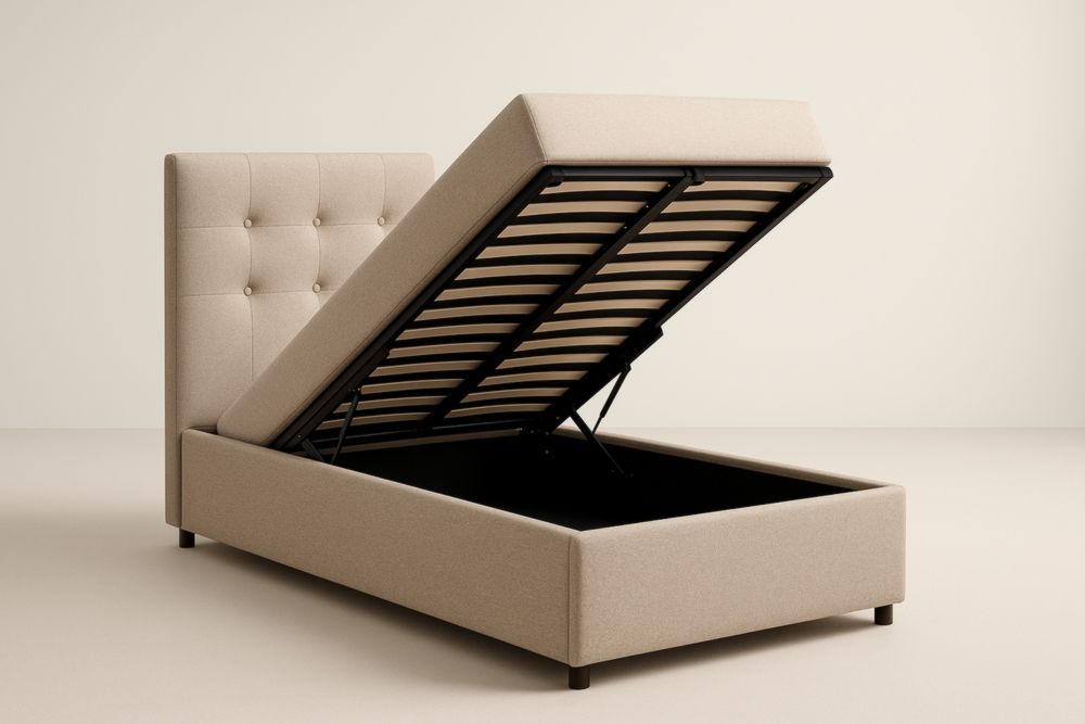 Letto contenitore in tessuto beige di poliestere 200x150 cm (Lu×L)