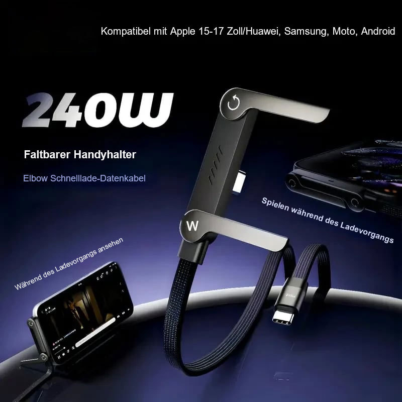 Unsichtbares 2-in-1-Ladekabel mit Halterung – 240-W-Schnellladekabel mit integrierter Handyhalterung