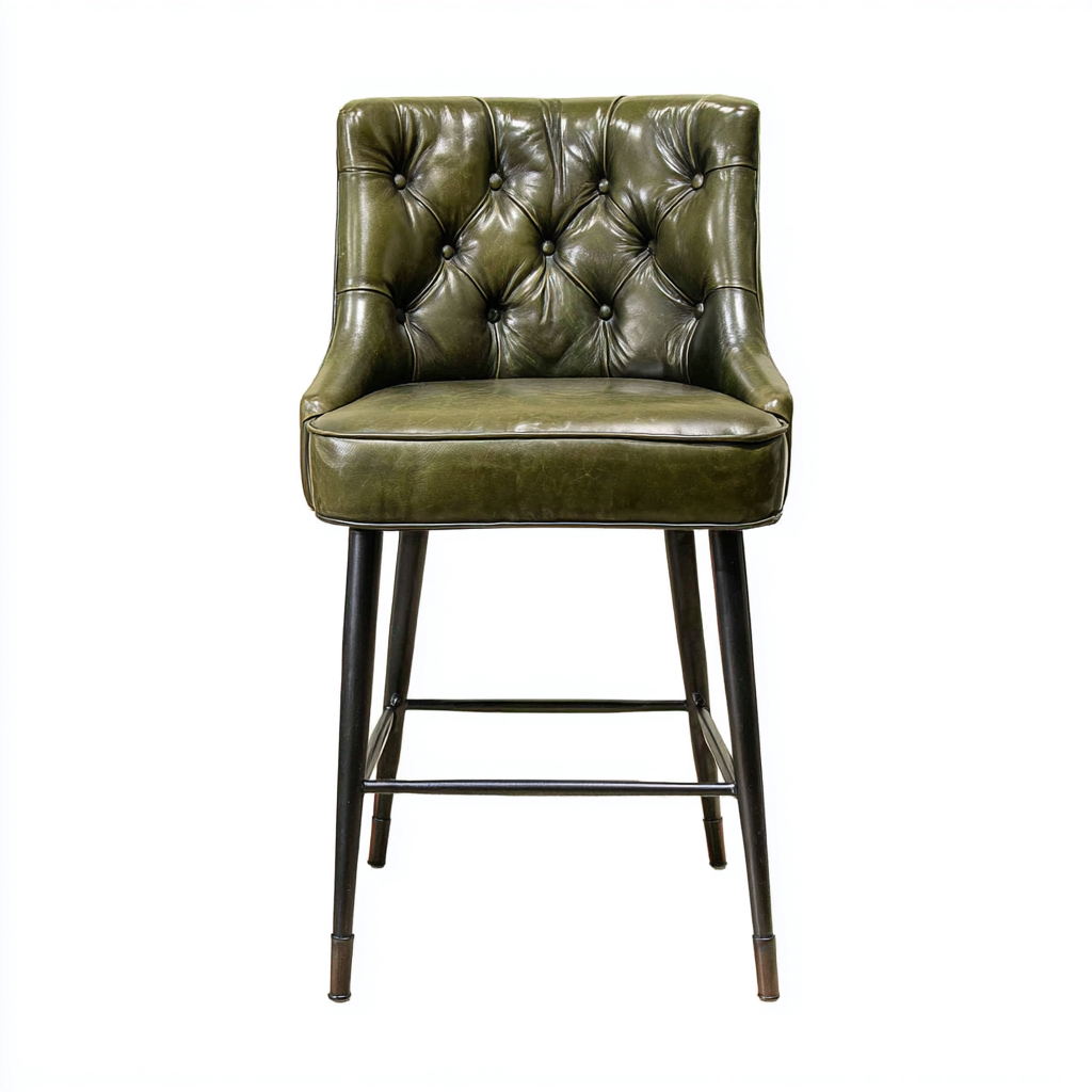 Tabouret de bar métal et cuir véritable 50x52x103 cm - vert foncé et noir - design capitonné apte pour salle à manger-Roomuna