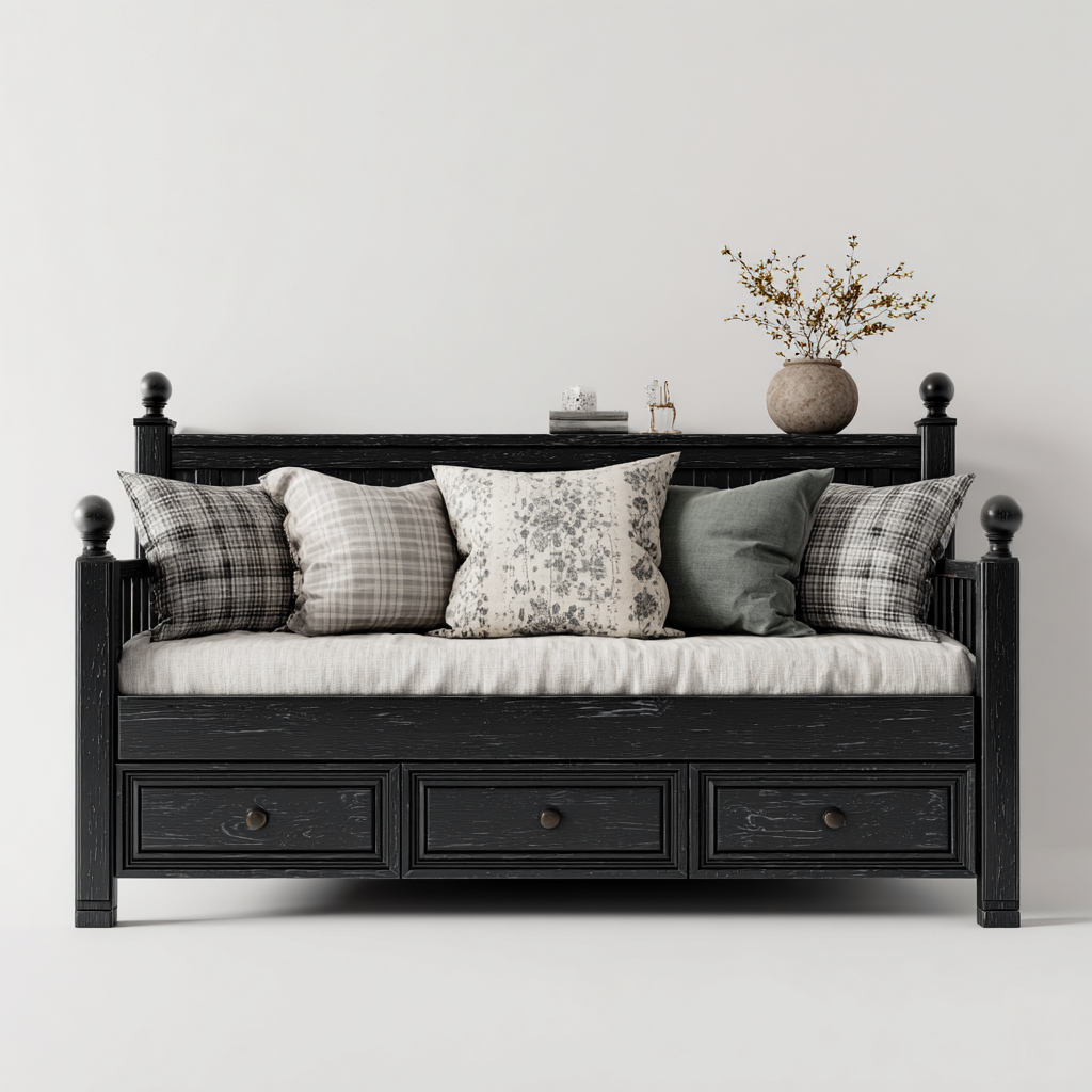 Canapé lit - bois - 205x95x95 cm - noir - adapté à la chambre - avec rangements - design classique-Roomuna