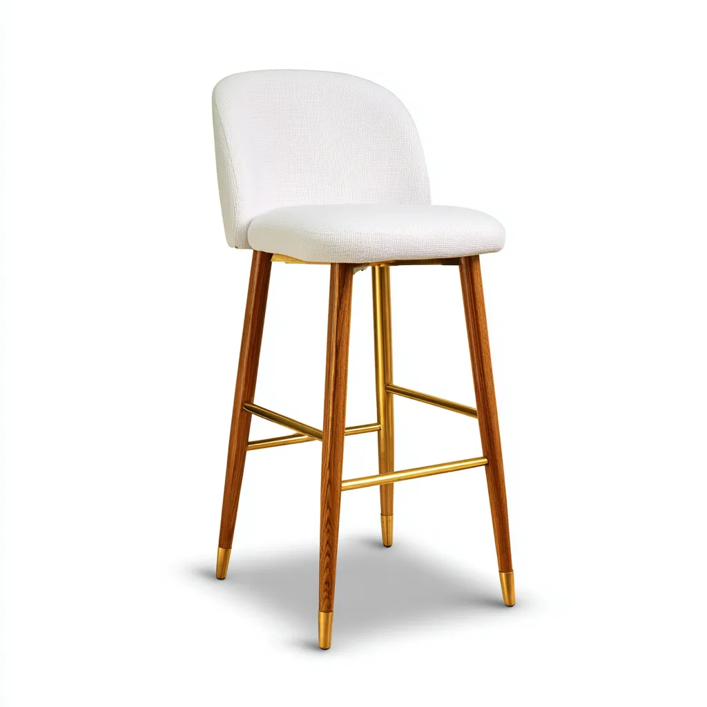 Tabouret de bar bois et tissu 48x50x100 cm - blanc et doré - design élégant apte pour salle à manger-Roomuna