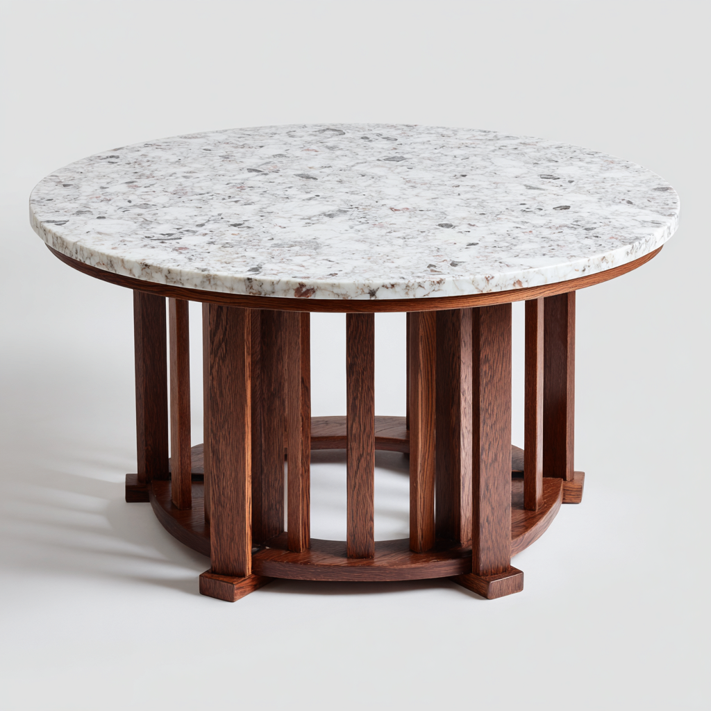 Table basse marbre - bois 80x80x42 cm - blanc - noyer - design rond classique pour salon-Roomuna