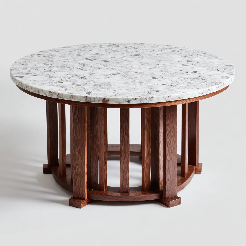 Table basse marbre - bois 80x80x42 cm - blanc - noyer - design rond classique pour salon-Roomuna