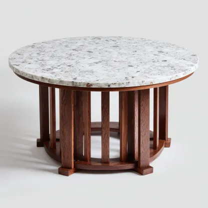 Table basse marbre - bois 80x80x42 cm - blanc - noyer - design rond classique pour salon-Roomuna