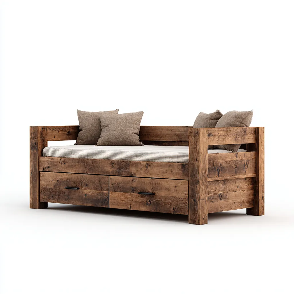 Canapé lit - bois - 205x95x90 cm - bois naturel - adapté à la chambre - avec rangements - design rustique-Roomuna