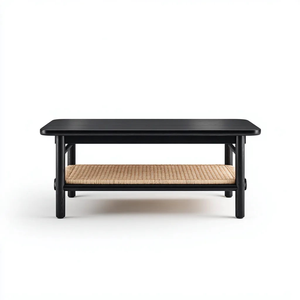 Table basse bois - rotin 100x55x42 cm - noir - naturel - design rectangulaire avec étagère pour salon-Roomuna