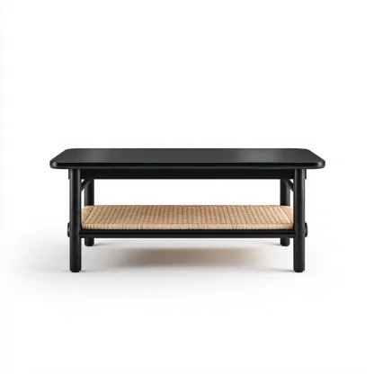 Table basse bois - rotin 100x55x42 cm - noir - naturel - design rectangulaire avec étagère pour salon-Roomuna