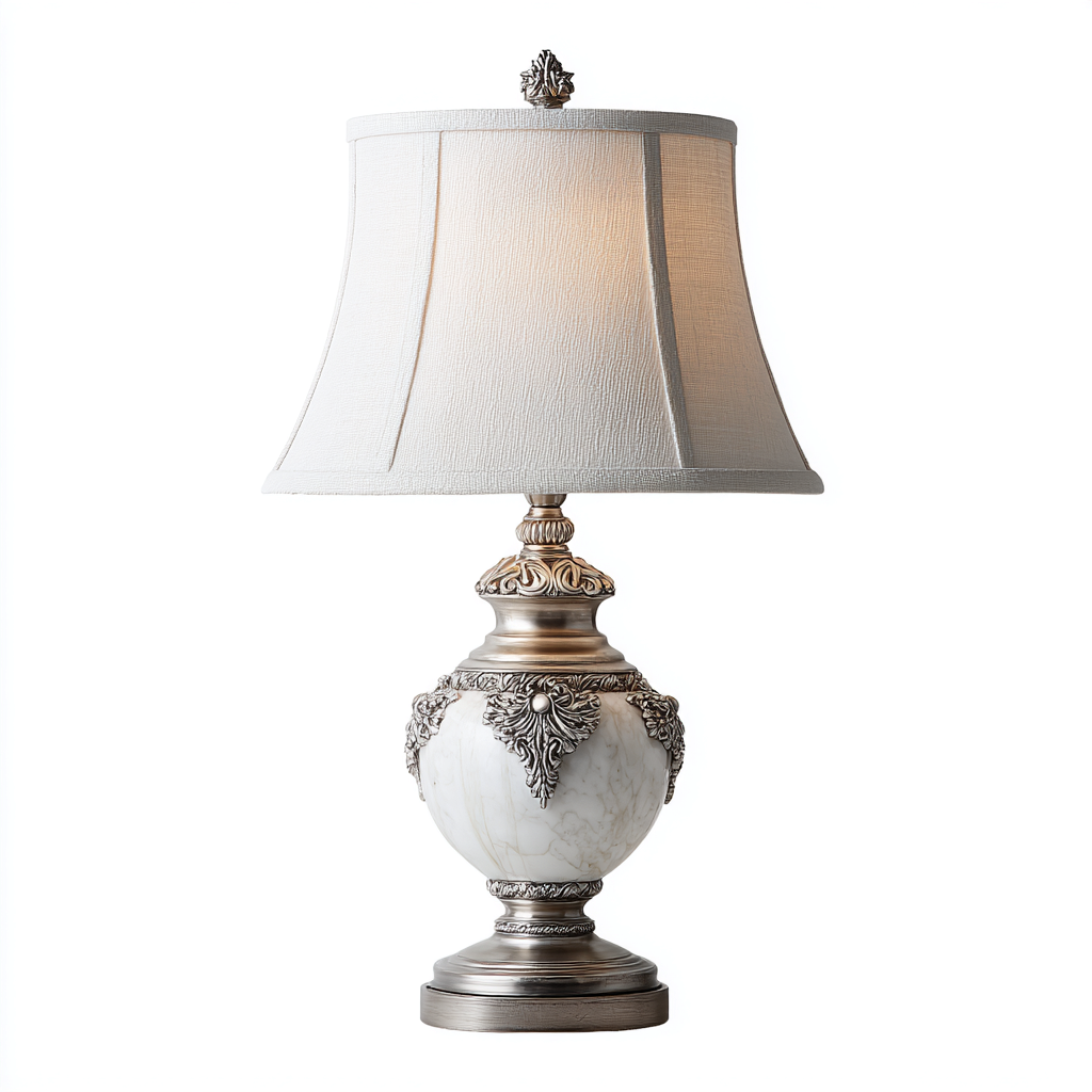 Lampe de table - résine - métal - tissu - 28x28x55 cm - blanc - argent - pour salon - design classique-Roomuna