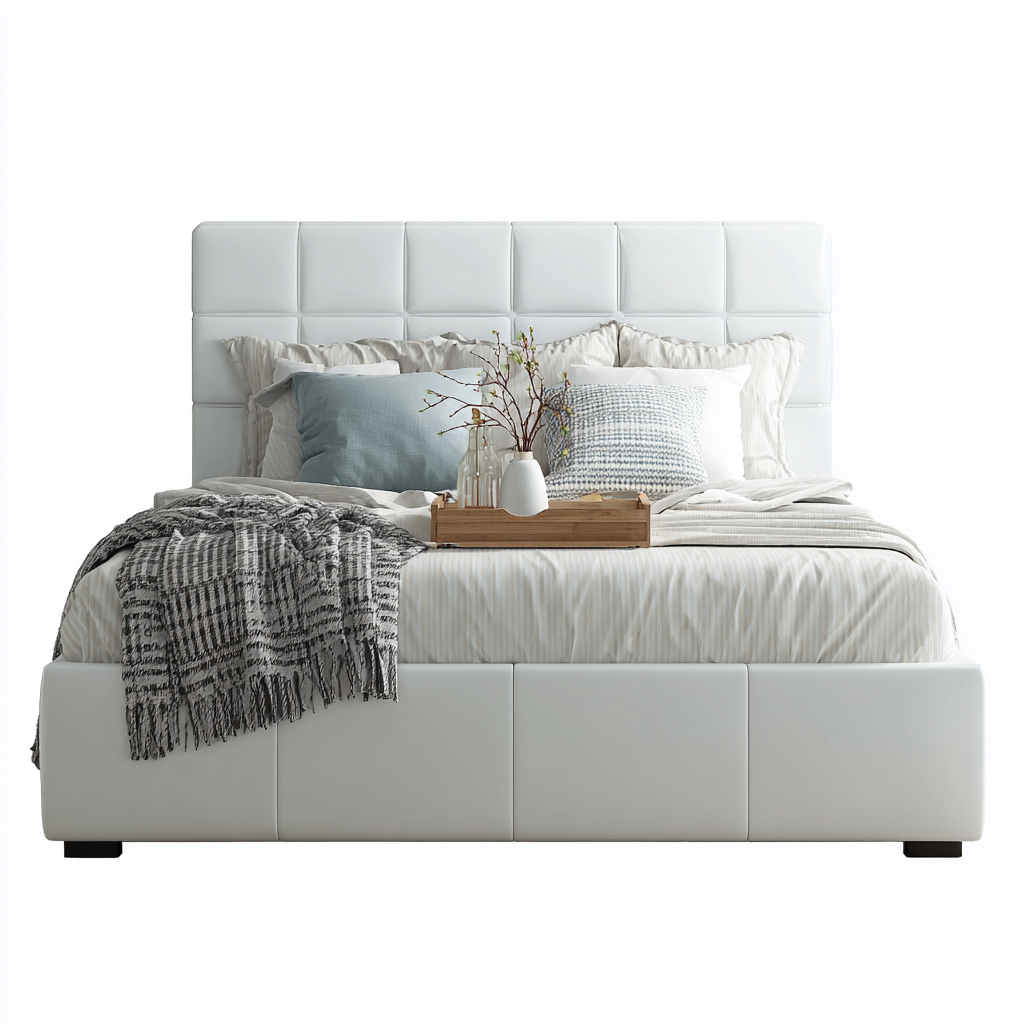 Lit double simili cuir 200x180x106 cm - blanc - pour chambre - design moderne-Roomuna