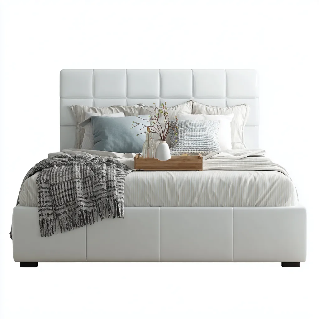 Lit double simili cuir 200x180x106 cm - blanc - pour chambre - design moderne-Roomuna