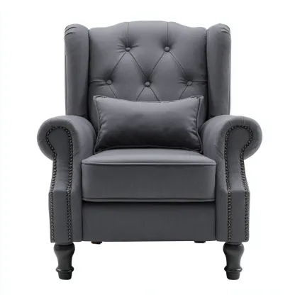 Fauteuil relax en tissu 88x90x105 cm gris pour salon - style classique - dossier capitonné - pieds en bois-Roomuna