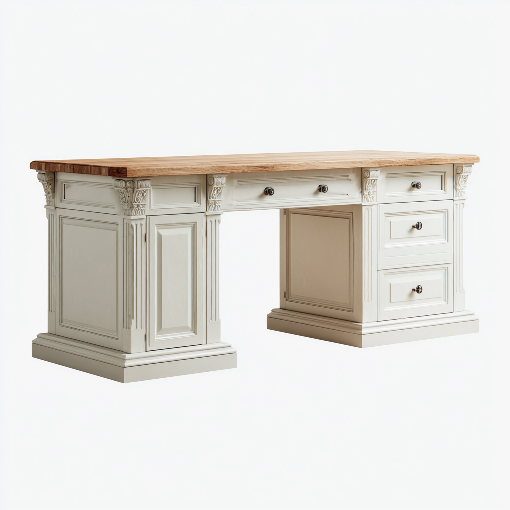 Bureau en bois 150x65x78 cm - blanc et bois naturel - style classique - avec tiroirs - adapté au bureau-Roomuna