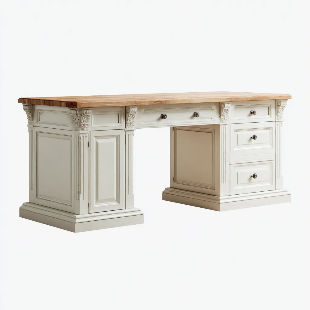 Bureau en bois 150x65x78 cm - blanc et bois naturel - style classique - avec tiroirs - adapté au bureau-Roomuna
