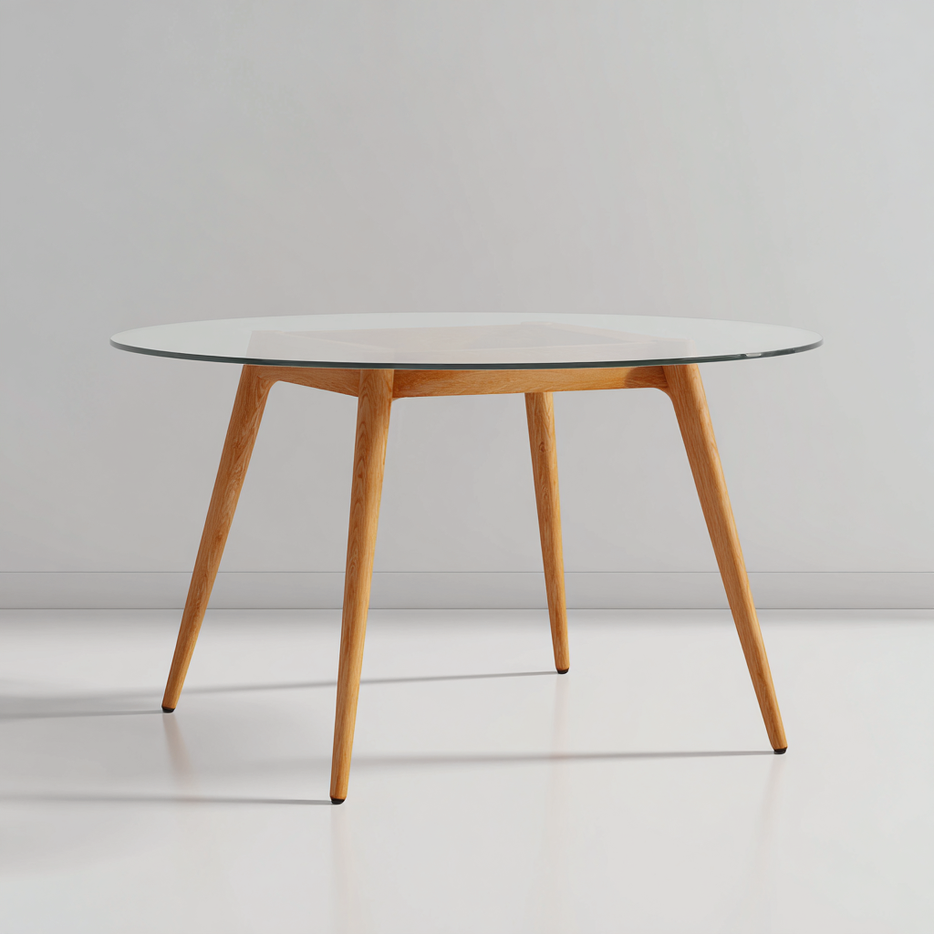 Table à manger ronde verre - bois massif 110x110x75 cm - transparent - bois naturel - adaptée à la salle à manger - design moderne-Roomuna