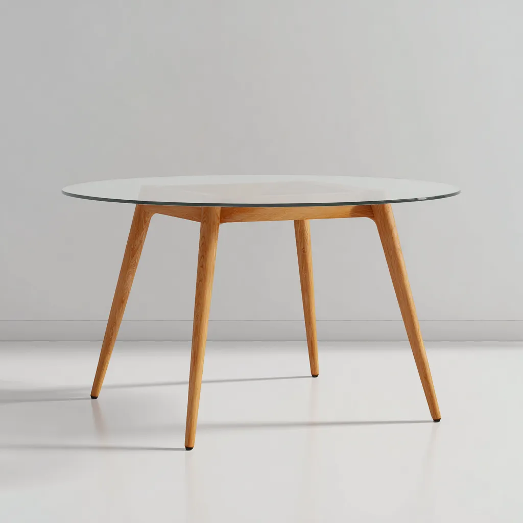 Table à manger ronde verre - bois massif 110x110x75 cm - transparent - bois naturel - adaptée à la salle à manger - design moderne-Roomuna