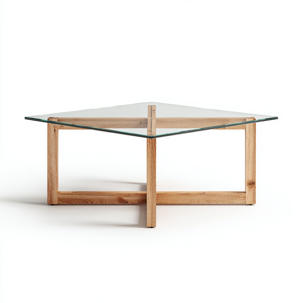 Table basse verre - bois 85x85x40 cm - transparent - chêne naturel - design carré minimaliste pour salon-Roomuna