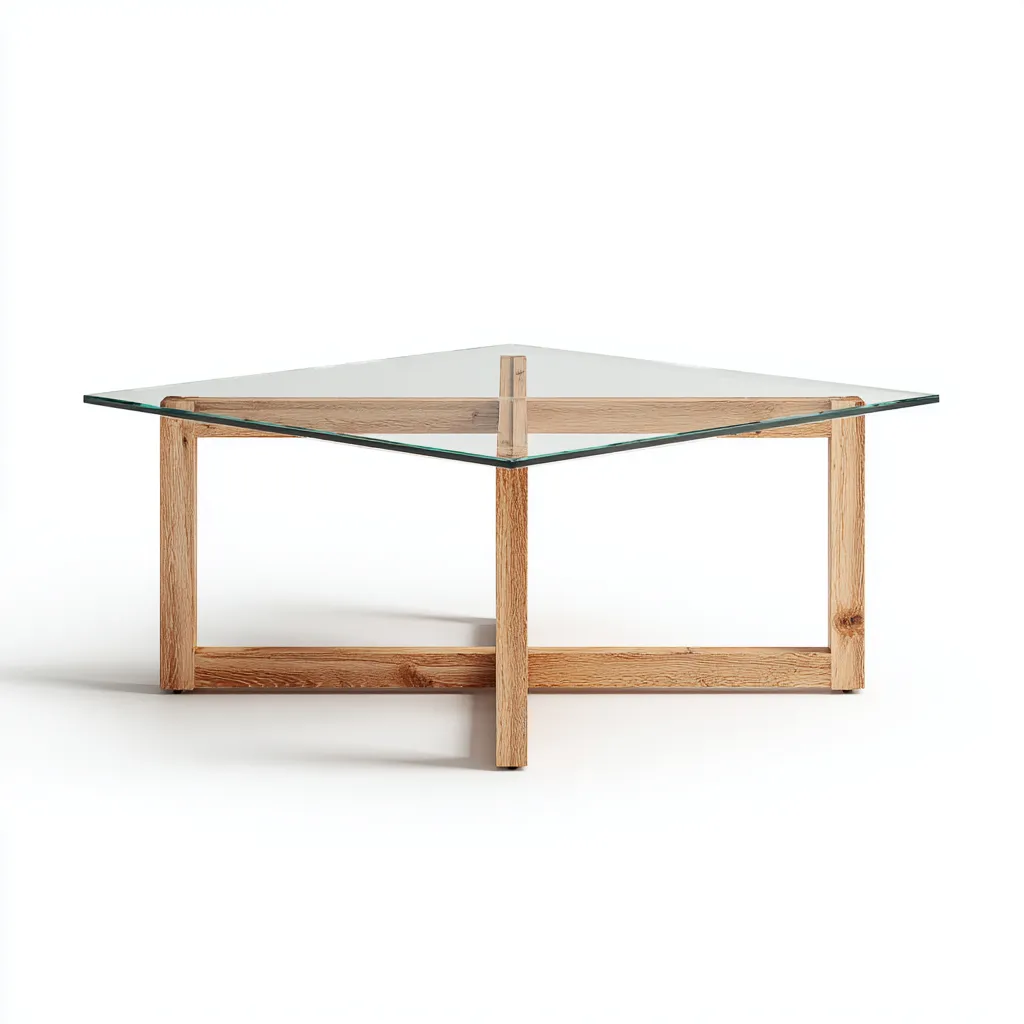 Table basse verre - bois 85x85x40 cm - transparent - chêne naturel - design carré minimaliste pour salon-Roomuna