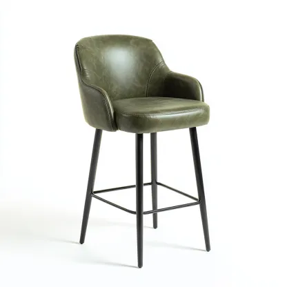 Tabouret de bar métal et cuir véritable 50x54x103 cm - vert foncé et noir - design moderne apte pour salle à manger-Roomuna