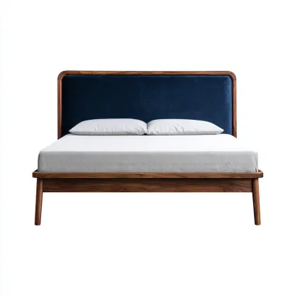 Lit double bois massif et tissu 200x180x98 cm - bleu - pour chambre - design moderne-Roomuna