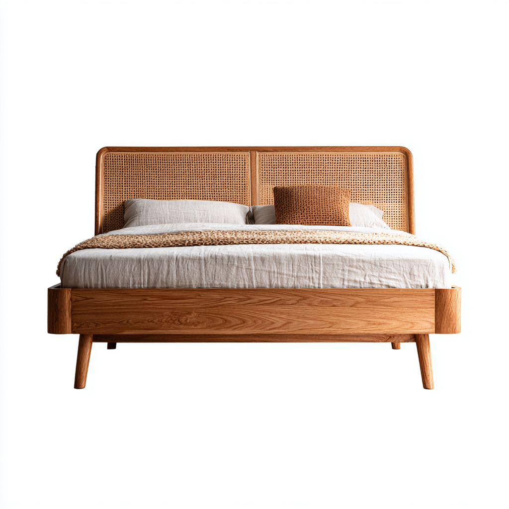 Lit double bois massif et rotin 200x180x90 cm - bois naturel - pour chambre - design moderne-Roomuna