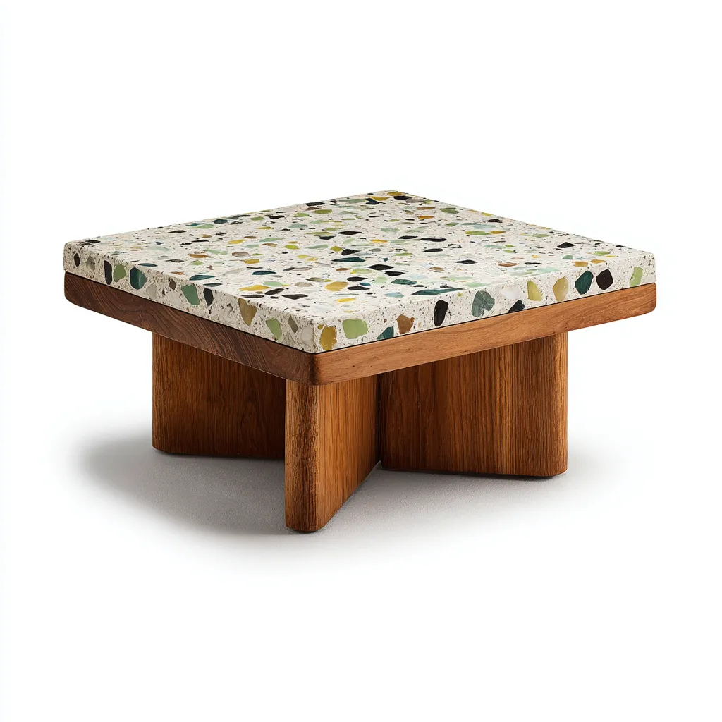 Table basse terrazzo - bois 70x70x38 cm - multicolore - noyer - design carré artisanal pour salon-Roomuna
