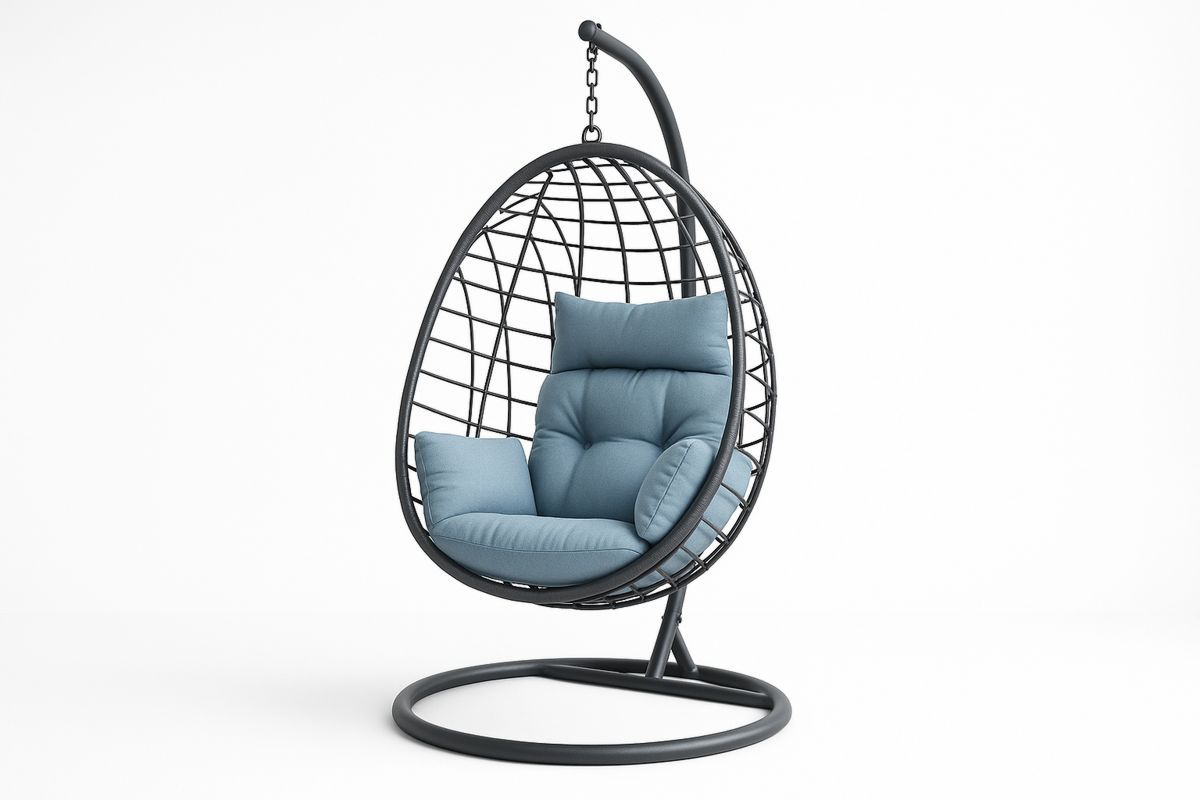 Outdoor Hanging Egg Chair Steel Frame with Blue Polyester Cushions-Poliverno