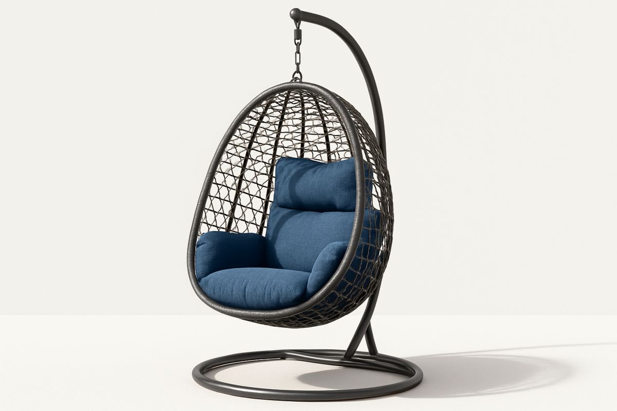 Outdoor Wicker Hanging Egg Chair with Blue Cushions and Steel Frame-Poliverno