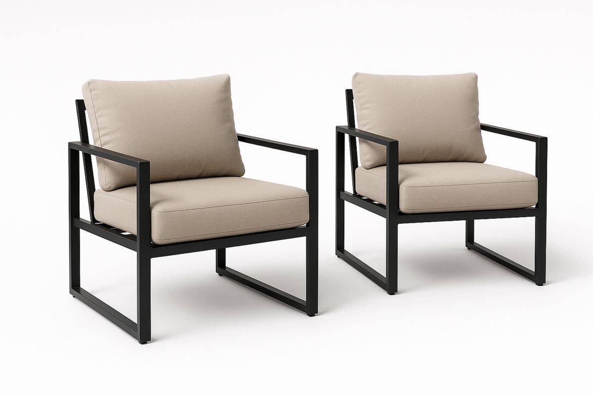 Outdoor Metal Frame Armchair Set Beige Cushions Black Aluminium 2 Piece-Poliverno