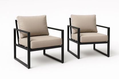 Outdoor Metal Frame Armchair Set Beige Cushions Black Aluminium 2 Piece-Poliverno