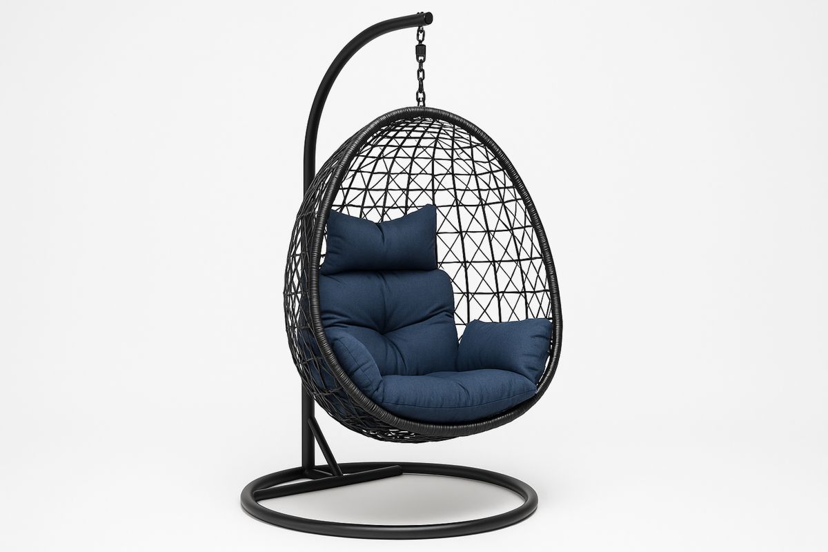 Outdoor Hanging Egg Chair with Stand Black Steel Frame Blue Cushions-Poliverno