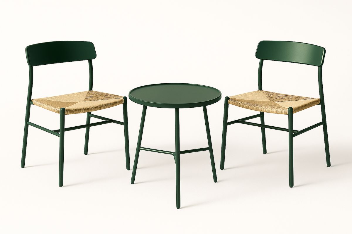 3 Piece Outdoor Dining Set with Green Steel Table and Woven Seat Chairs-Poliverno
