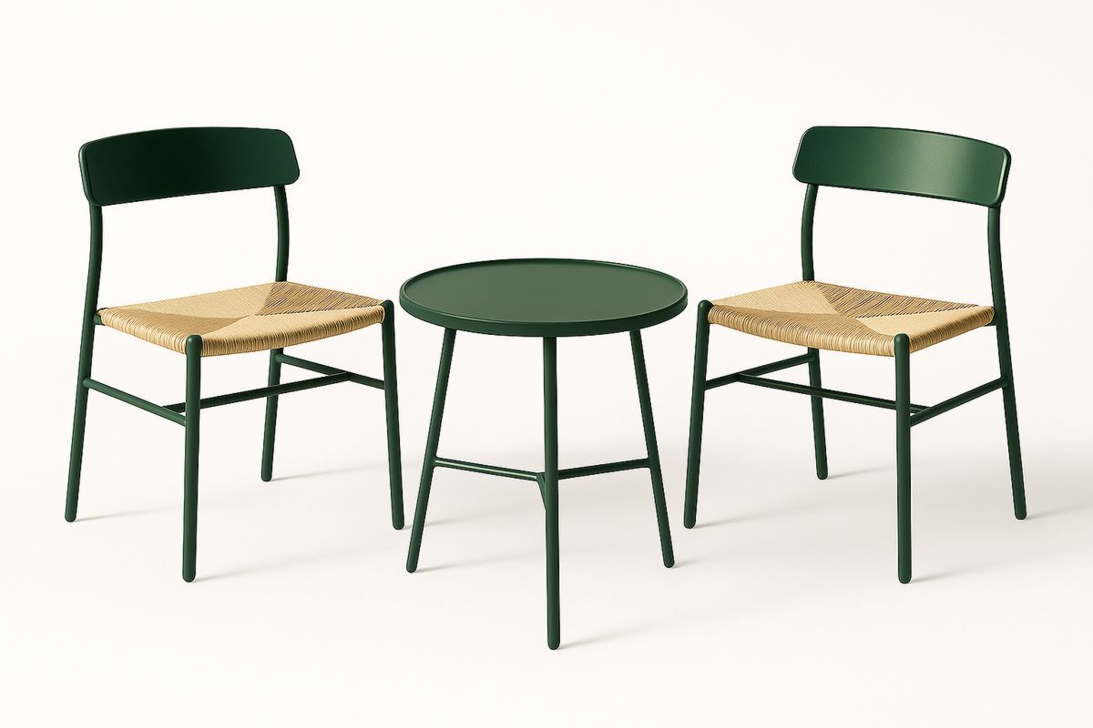3 Piece Outdoor Dining Set with Green Steel Table and Woven Seat Chairs-Poliverno