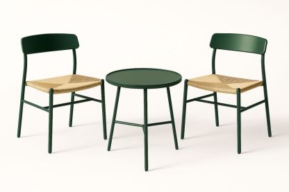 3 Piece Outdoor Dining Set with Green Steel Table and Woven Seat Chairs-Poliverno